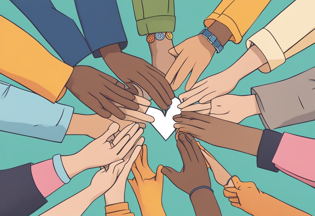 A group of diverse people standing together, breaking a chain symbolizing mental health stigma. Surrounding them are supportive symbols like hearts and open hands