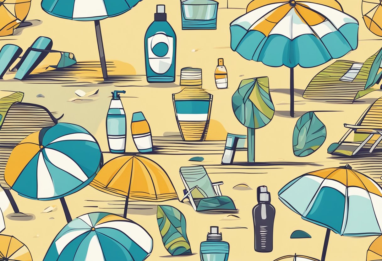 A beach scene with a sunburnt umbrella and a bottle of sunscreen next to a shade