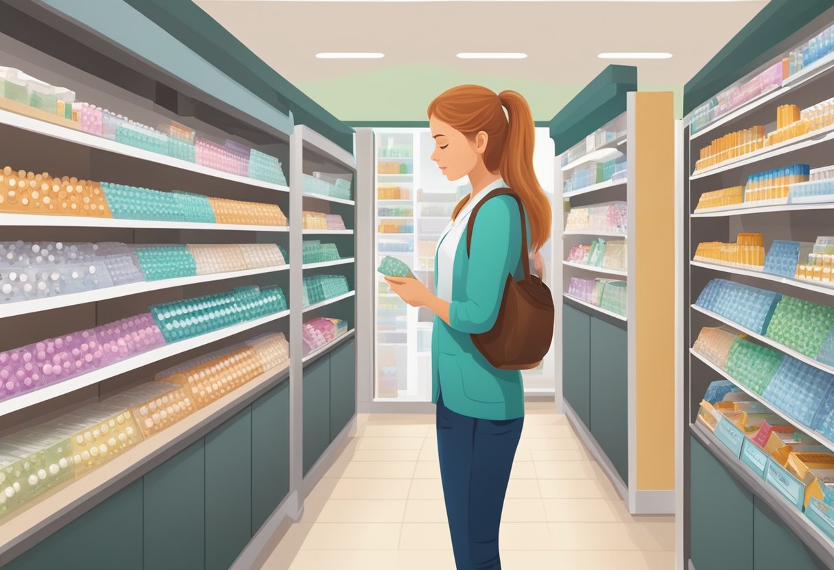 A young woman browsing through a variety of birth control options displayed on a shelf in a pharmacy or clinic