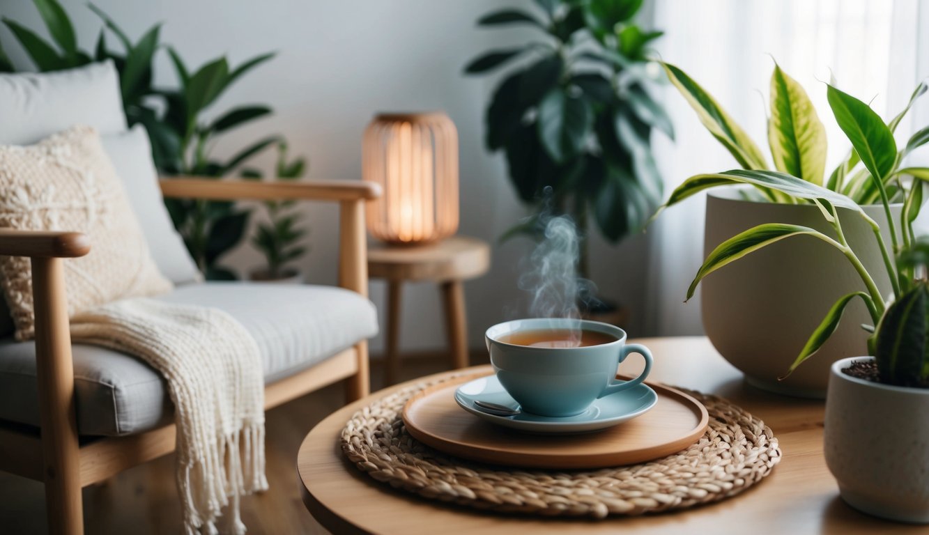 A serene setting with soft lighting, a cozy chair, and a warm cup of tea surrounded by plants and calming decor