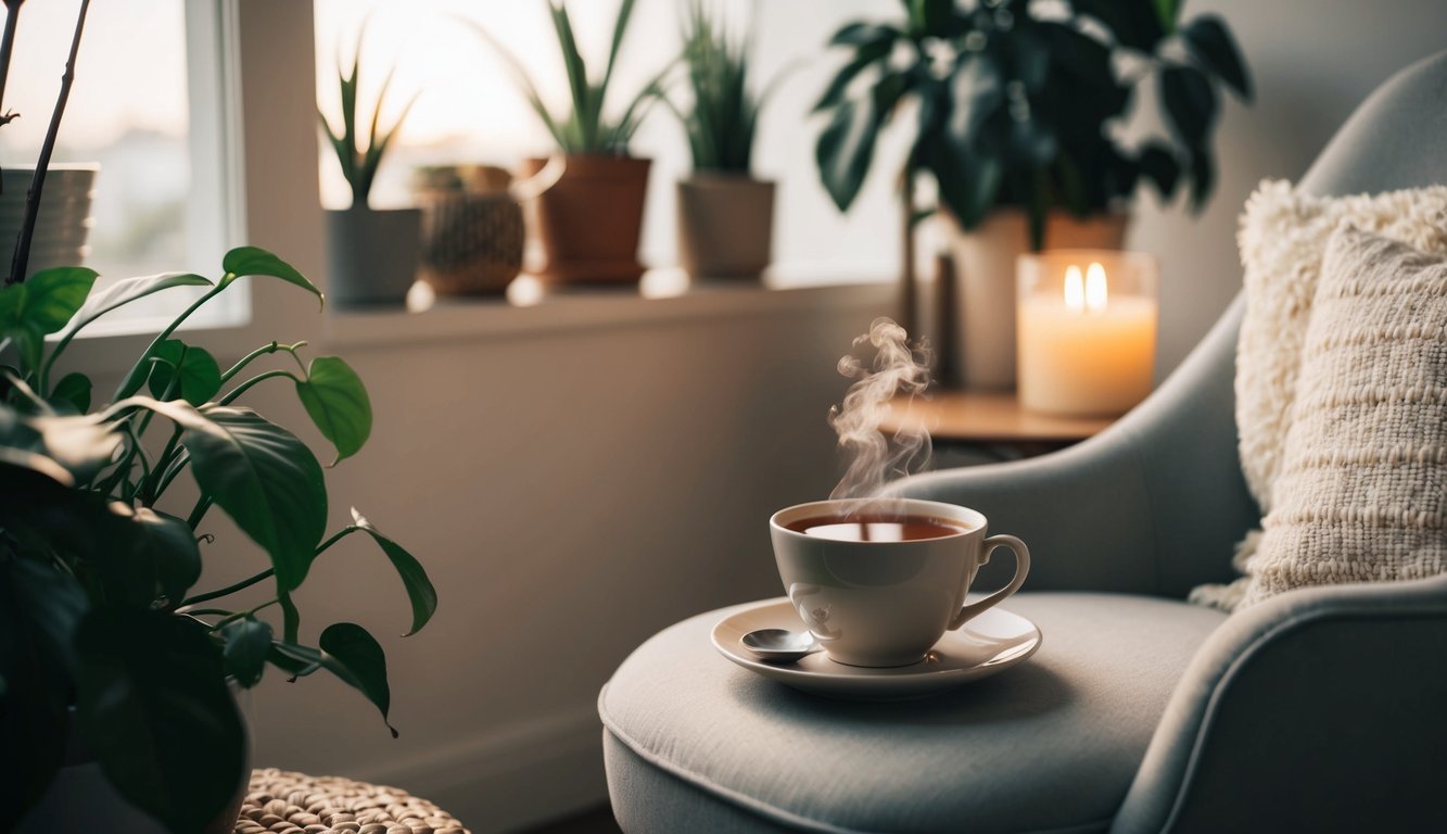 A serene setting with a cozy chair, soft lighting, and a warm cup of tea surrounded by plants and calming decor