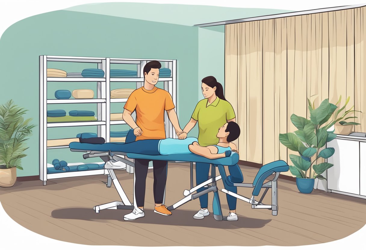 A physical therapy room with exercise equipment and a therapist guiding a patient through stretches and strengthening exercises for back pain