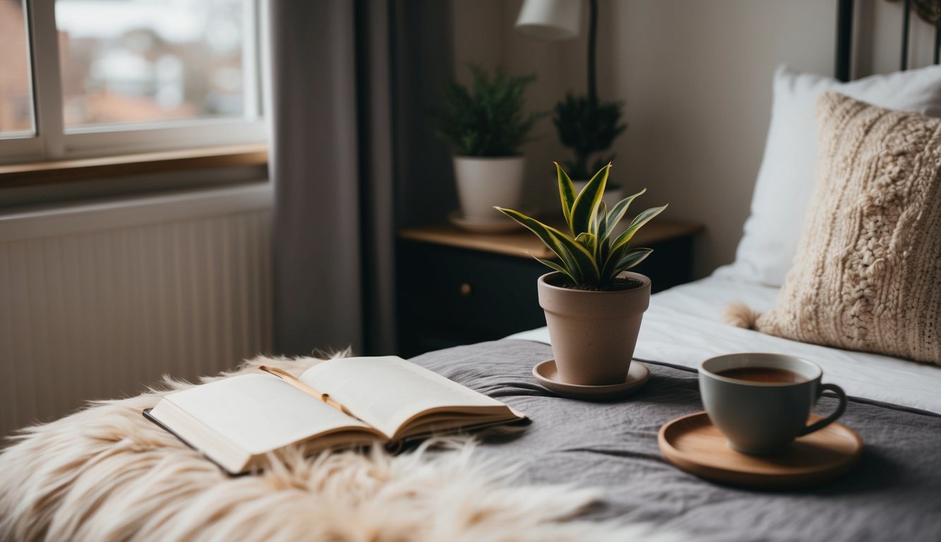 A cozy, clutter-free bedroom with a soft, fluffy rug, a warm cup of tea, a journal, and a potted plant on a nightstand