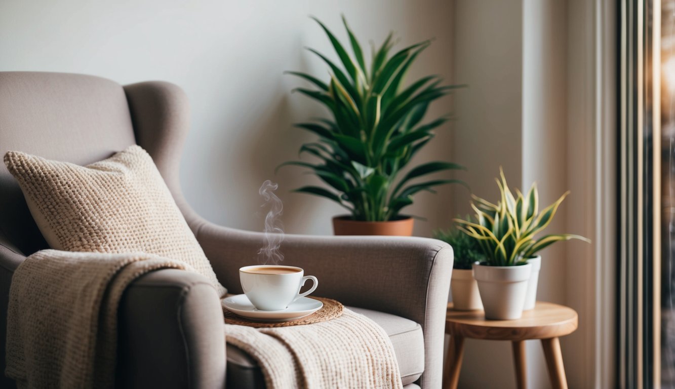 A serene setting with a cozy armchair, a warm cup of tea, a soft blanket, and a few potted plants, creating a peaceful atmosphere for self-care