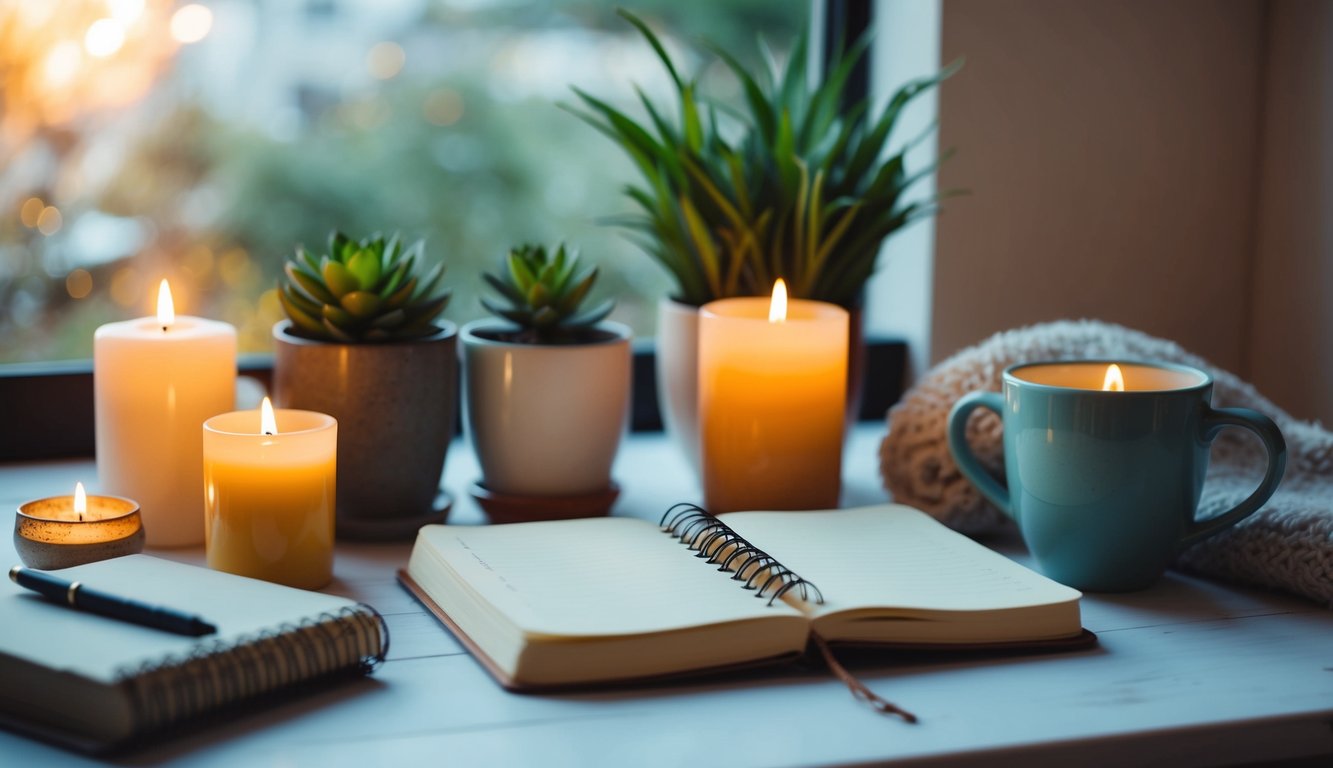 A serene and peaceful setting with elements of self-care such as candles, plants, a cozy blanket, and a journal for reflection