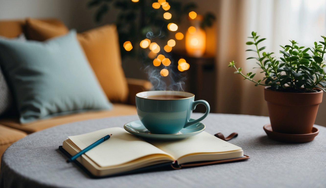 A serene scene of a cozy room with a warm cup of tea, a journal, and a plant, surrounded by soft lighting and calming colors