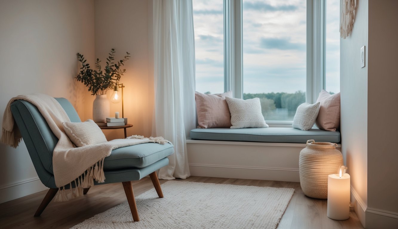 A serene setting with a cozy corner for relaxation, including a comfy chair, soft blankets, soothing lighting, and calming decor