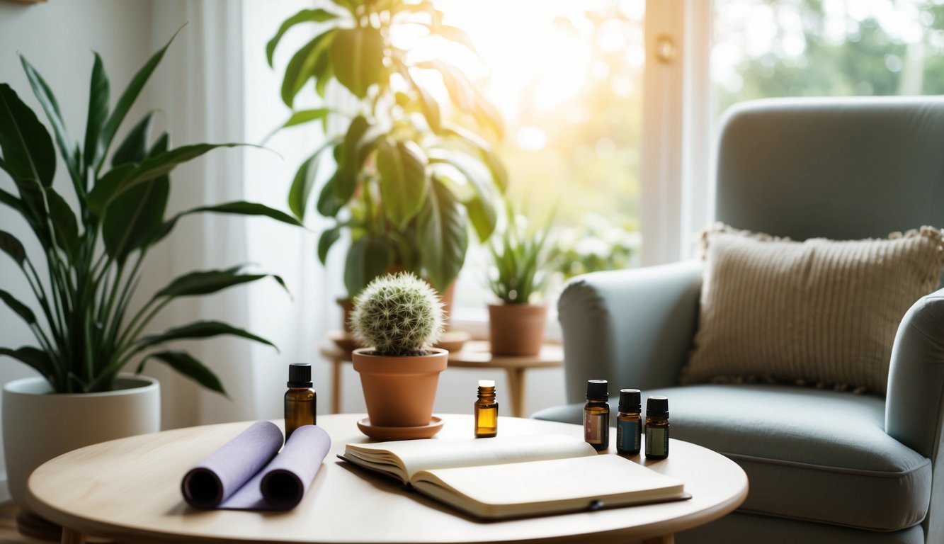 A serene, sunlit room with a cozy armchair, plants, and a journal on a table. A yoga mat and essential oils are nearby, creating a peaceful atmosphere for self-care