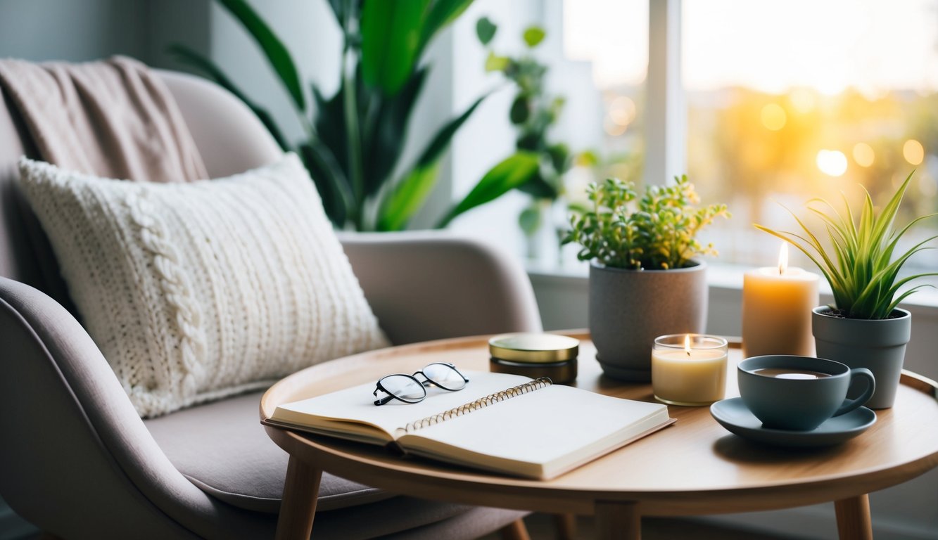 A serene, clutter-free space with a cozy chair, plants, and a table set with self-care items like a journal, candle, and soothing tea