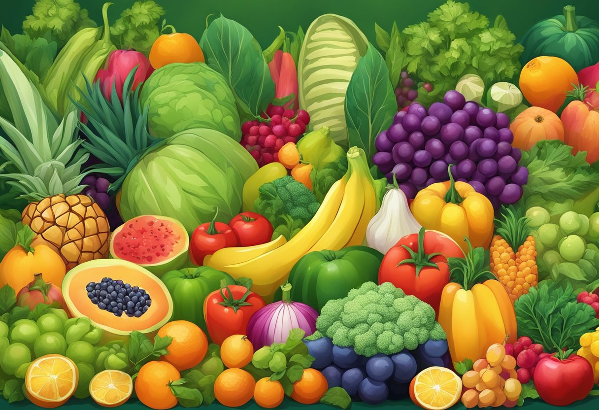 A vibrant scene of colorful fruits and vegetables arranged in a bountiful display, surrounded by lush greenery and blooming flowers