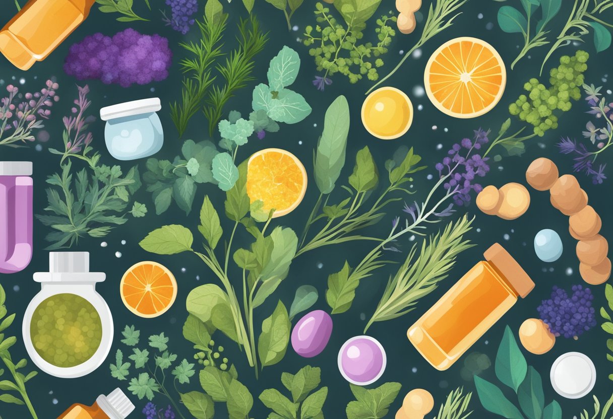 A colorful assortment of herbs and supplements arranged around a glowing, abstract representation of the immune system