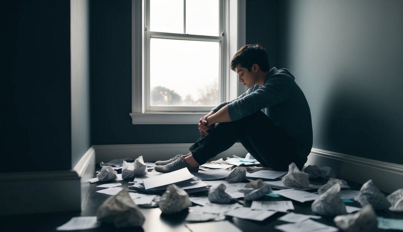 A person sitting alone in a dark room, surrounded by scattered papers and crumpled tissues. A small ray of light shines through the window, offering a glimmer of hope