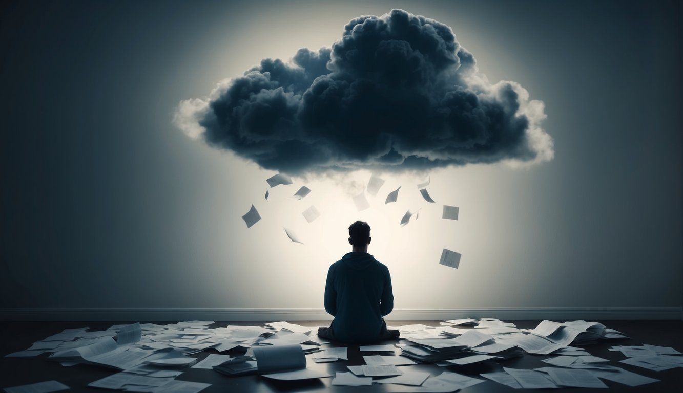 A person sitting alone in a dimly lit room, surrounded by scattered papers and a heavy, dark cloud hovering above them