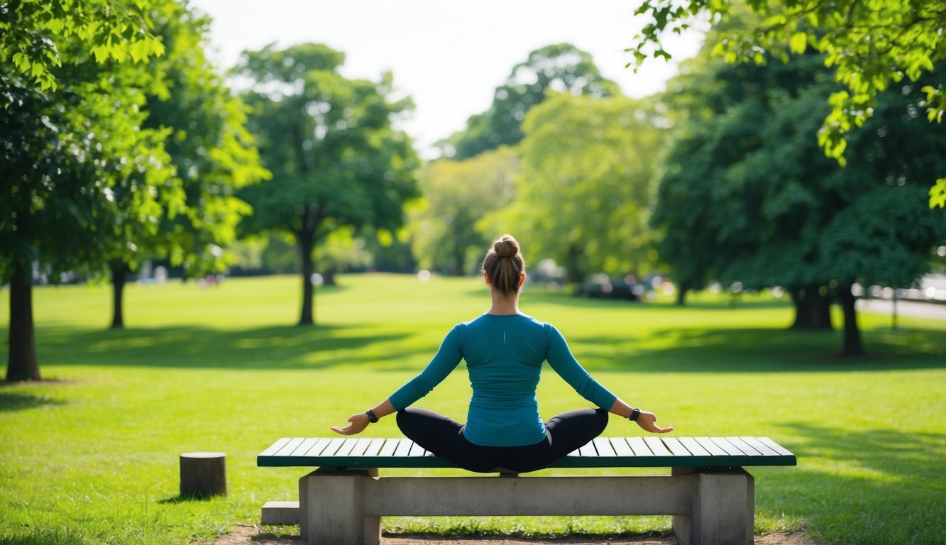 A person sitting on a bench in a peaceful park, surrounded by lush greenery and engaging in a calming yoga or stretching routine