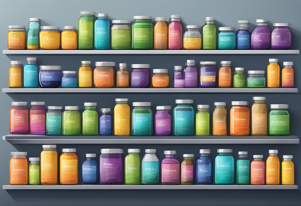 A vibrant array of colorful bottles and jars, each labeled with the name of a different weight loss supplement, neatly arranged on a sleek, modern display shelf