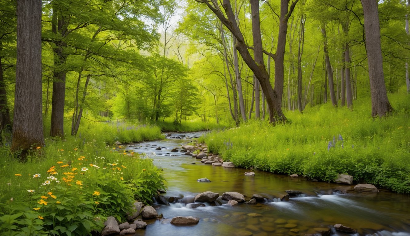 A serene, secluded forest clearing with a peaceful stream, surrounded by vibrant green trees and colorful wildflowers. A gentle breeze rustles the leaves, creating a calming atmosphere for mindfulness and meditation