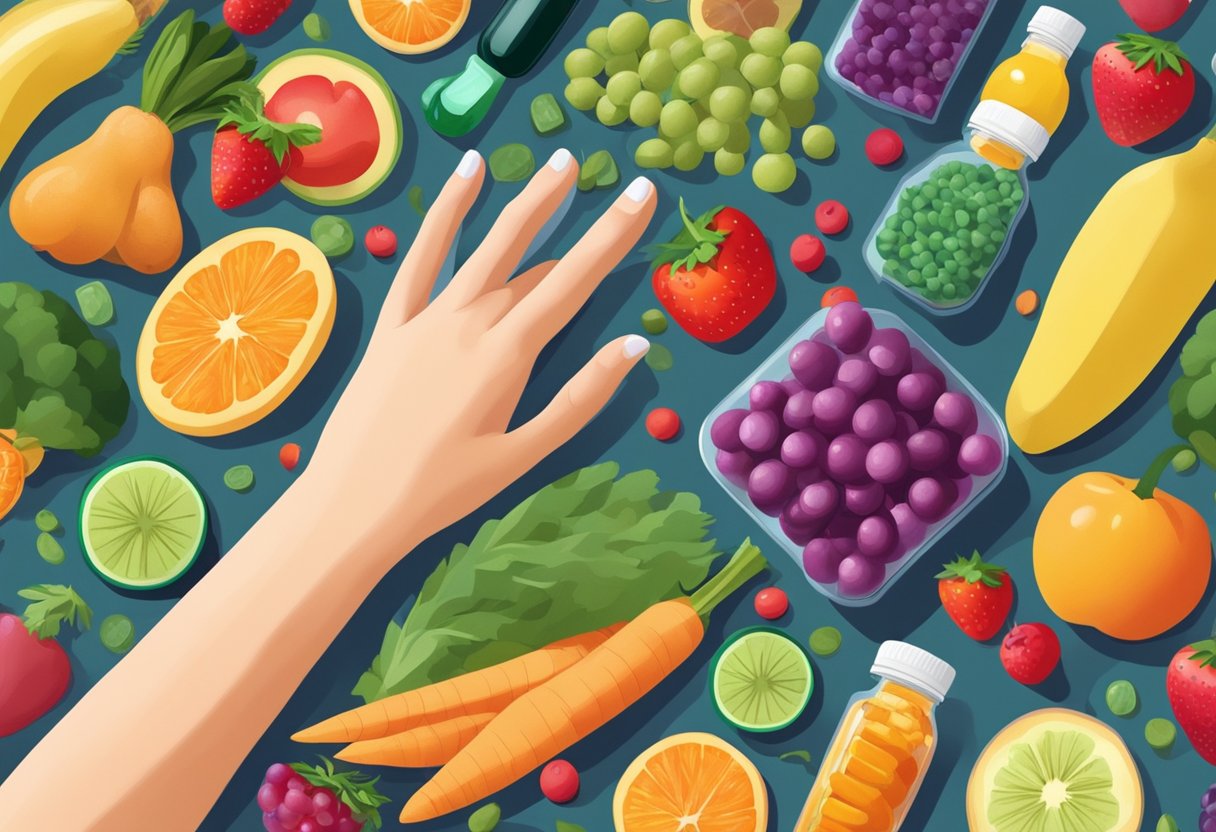 A woman's hand reaching for a variety of colorful fruits and vegetables, surrounded by bottles of vitamins and supplements