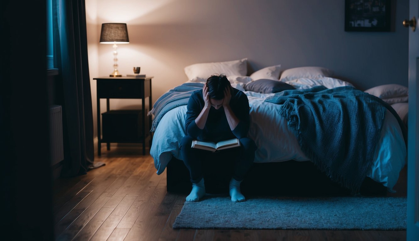 A dimly lit bedroom with a disheveled bed, a journal on the nightstand, and a person sitting on the floor with their head in their hands