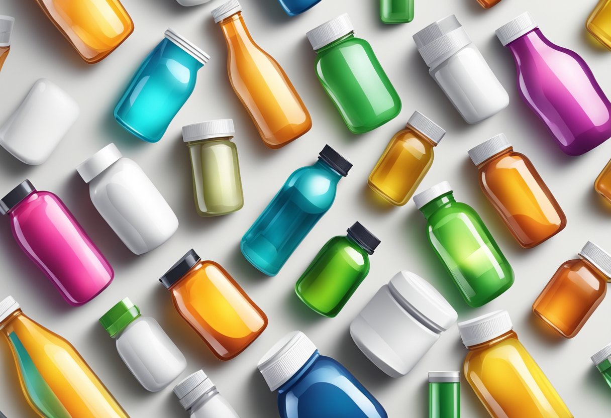 A variety of colorful bottles and containers of weight loss supplements arranged on a clean, white surface