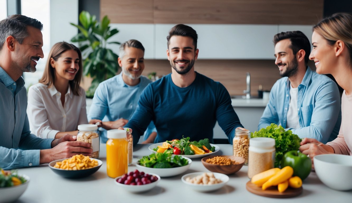 A person sitting at a table with a variety of healthy foods and supplements, while also having a support system of friends or family members nearby