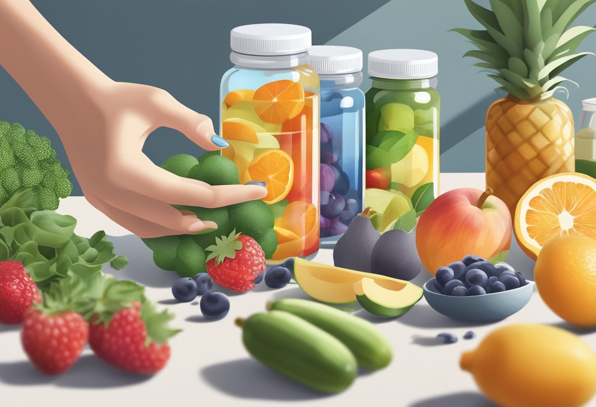 A woman's hand reaching for a bottle of weight loss supplements on a clean, modern kitchen counter, surrounded by fresh fruits and vegetables