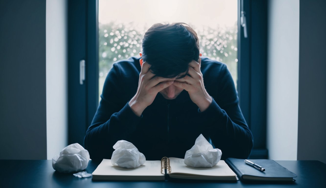 A person sitting in a dark room with their head in their hands, surrounded by crumpled tissues and a journal. A small ray of light shines through a window, offering a glimmer of hope