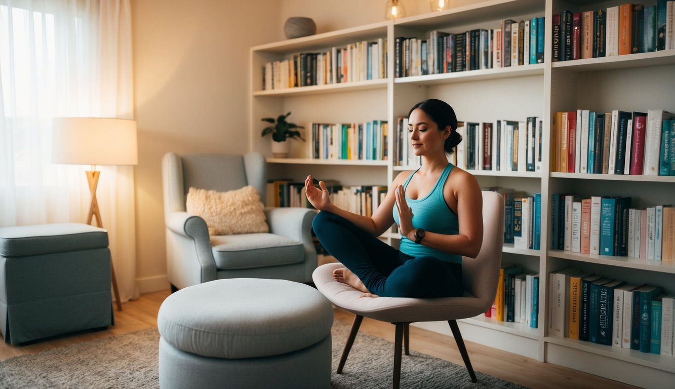 A cozy room with soft lighting, a comfortable chair, and a bookshelf filled with self-help books. A person is seen doing yoga or meditation