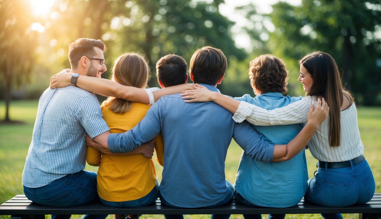 A person sitting on a bench surrounded by friends and family, with their arms around each other, offering support and comfort