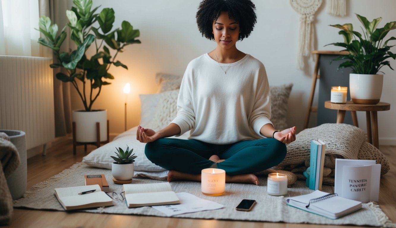 A cozy room with soft lighting, plants, and comforting items like books and blankets. A person meditates or journals, surrounded by supportive tools like therapy worksheets and self-care products