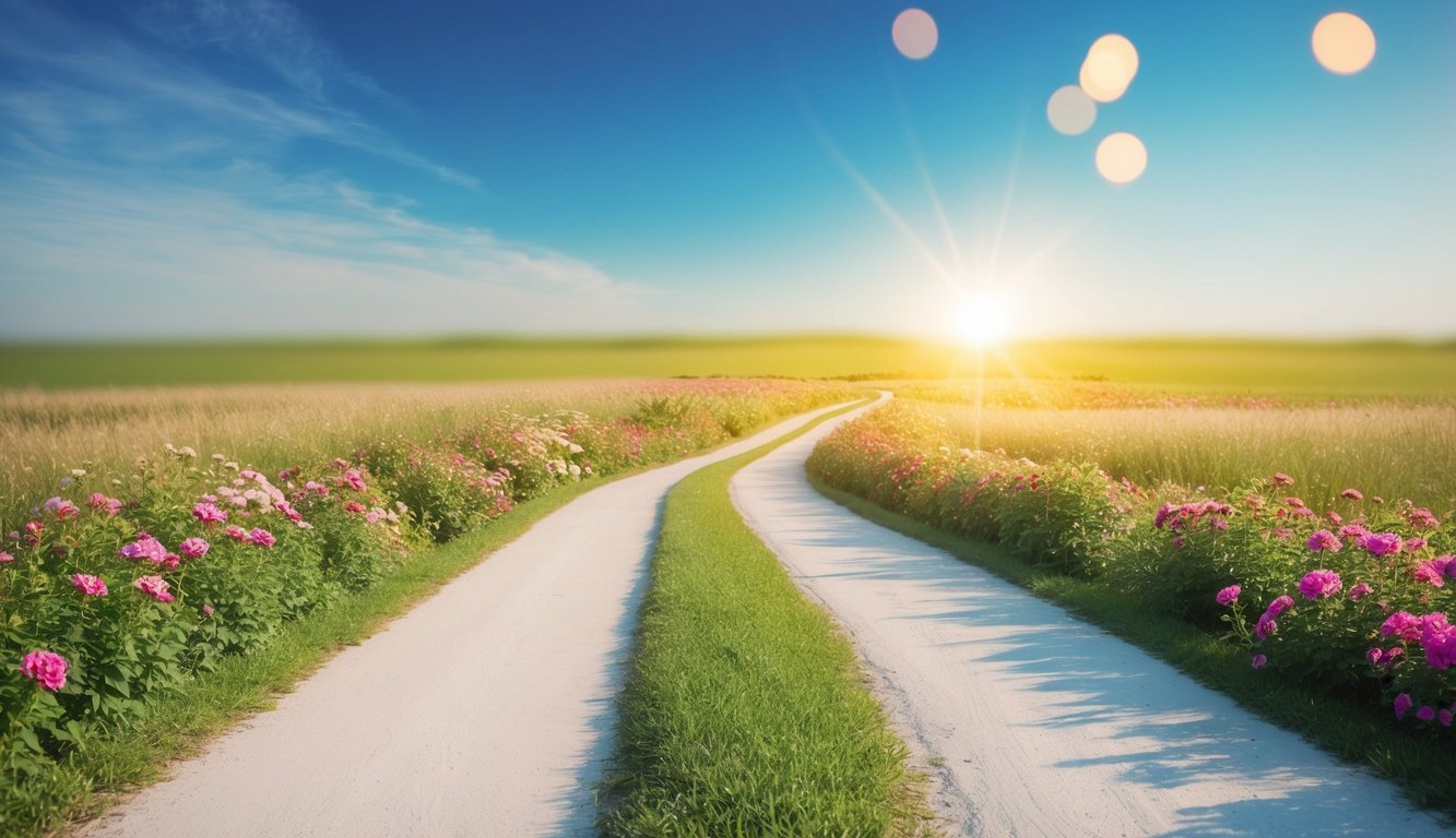 A serene landscape with a winding path leading to a bright, hopeful horizon, surrounded by vibrant flowers and a clear blue sky