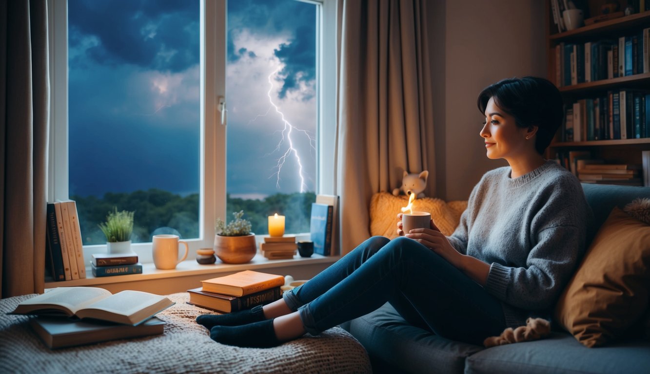 A person sitting alone in a cozy room, surrounded by comforting items like books, a warm beverage, and a pet. Outside, a storm rages, but inside is a safe and peaceful haven