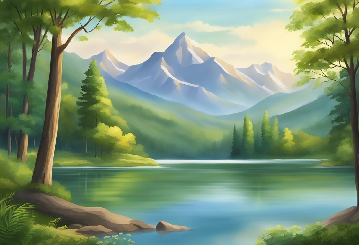 A serene nature scene with a calm lake surrounded by lush green trees and mountains in the background, depicting peace and tranquility