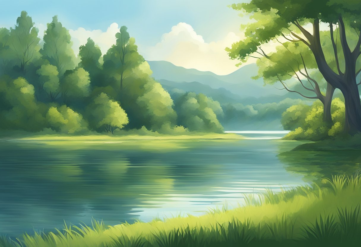 A serene landscape with a calm lake surrounded by lush greenery, a clear blue sky, and gentle ripples on the water