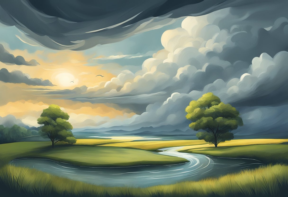 A serene landscape with a stormy sky, representing the impact of external factors on stress