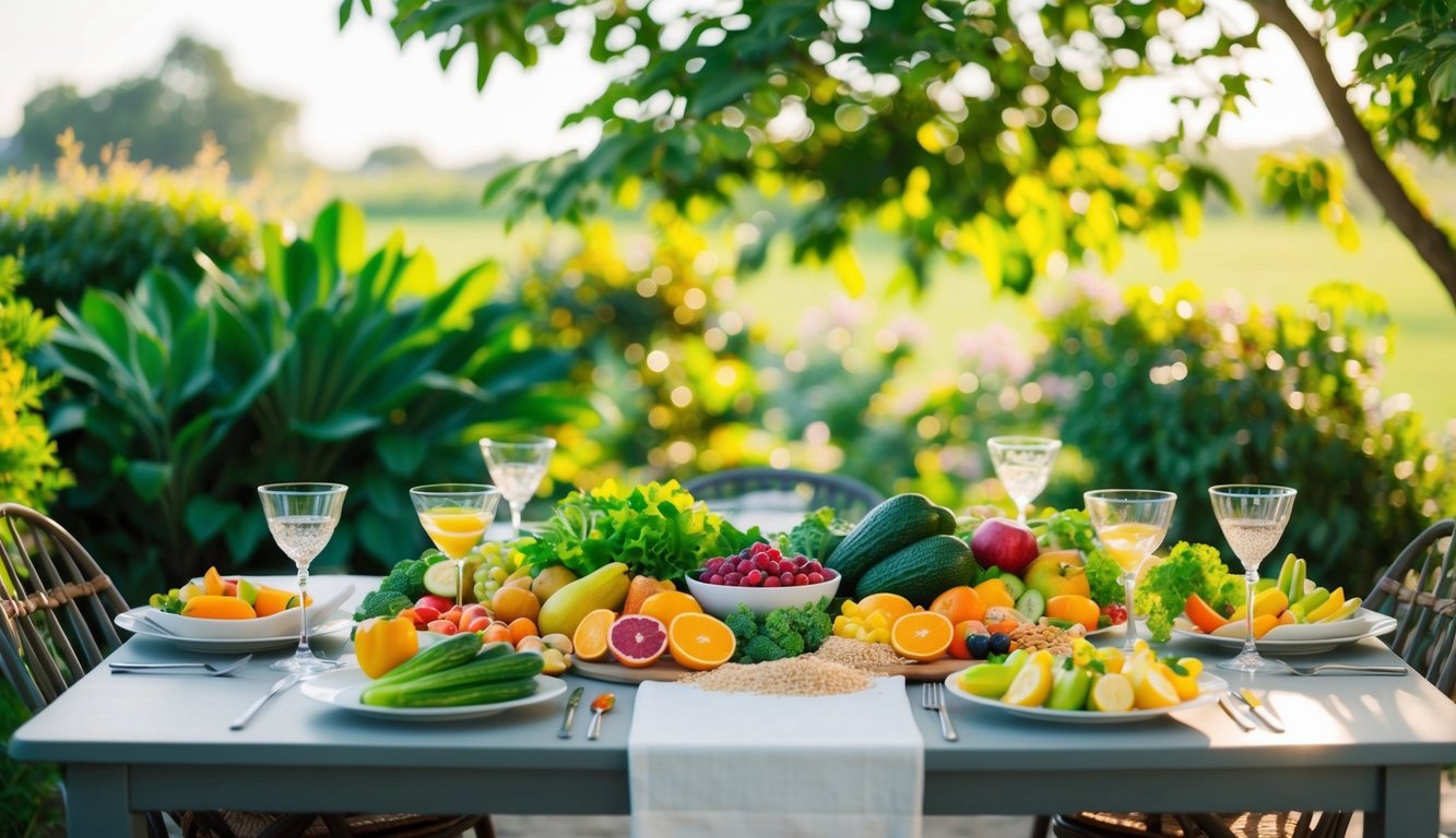 A serene, sunlit dining table with a colorful array of fresh fruits, vegetables, and whole grains, surrounded by lush greenery and natural light