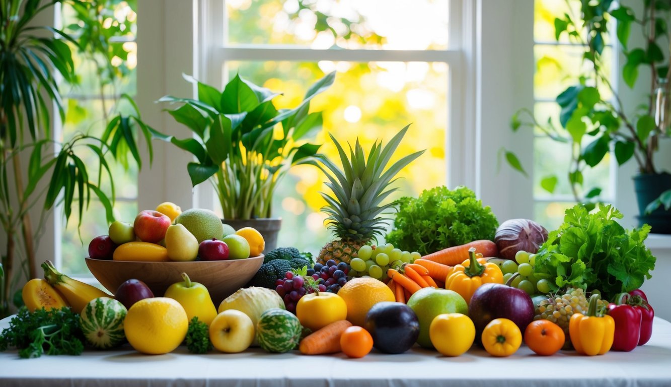 A serene setting with a variety of colorful, fresh fruits and vegetables arranged on a table, surrounded by natural elements such as plants and sunlight streaming in through a window