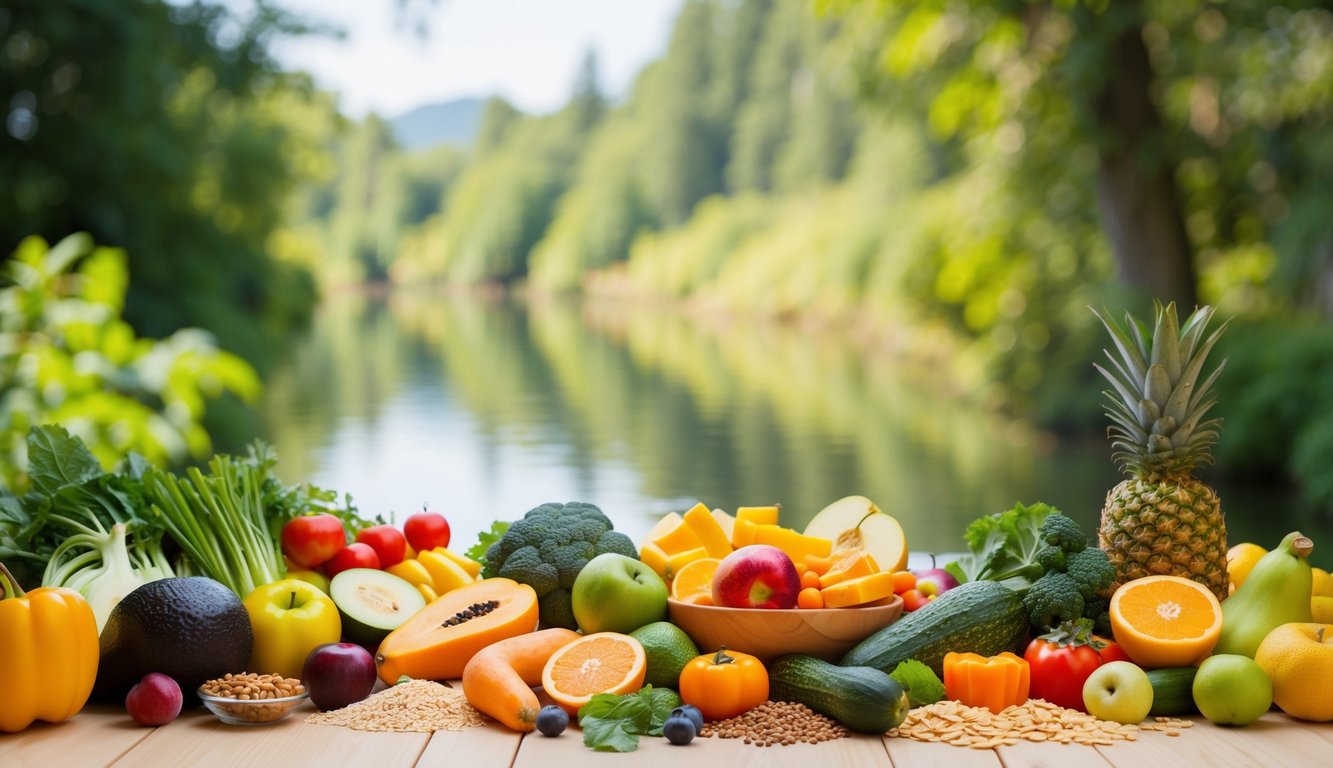 A table set with a variety of colorful fruits, vegetables, and whole grains, surrounded by serene natural scenery