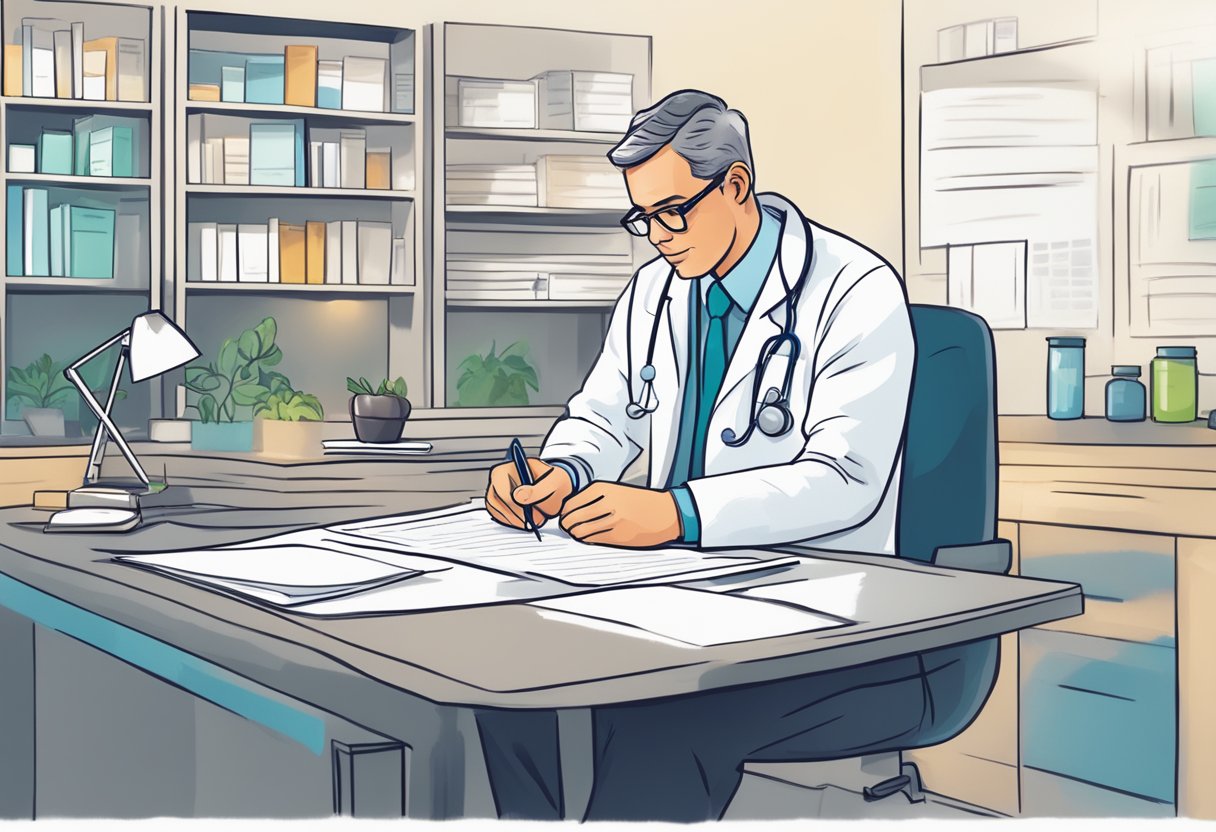 A doctor reviewing lab results and writing out recommendations for low testosterone symptoms