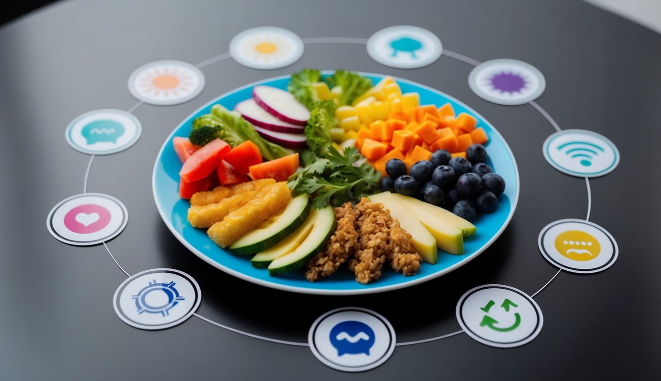 A colorful plate of assorted foods surrounded by icons representing different moods and emotions