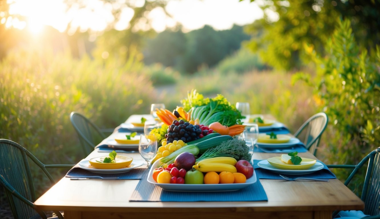 A serene, sunlit dining table with a colorful array of fresh fruits, vegetables, and whole grains, surrounded by nature