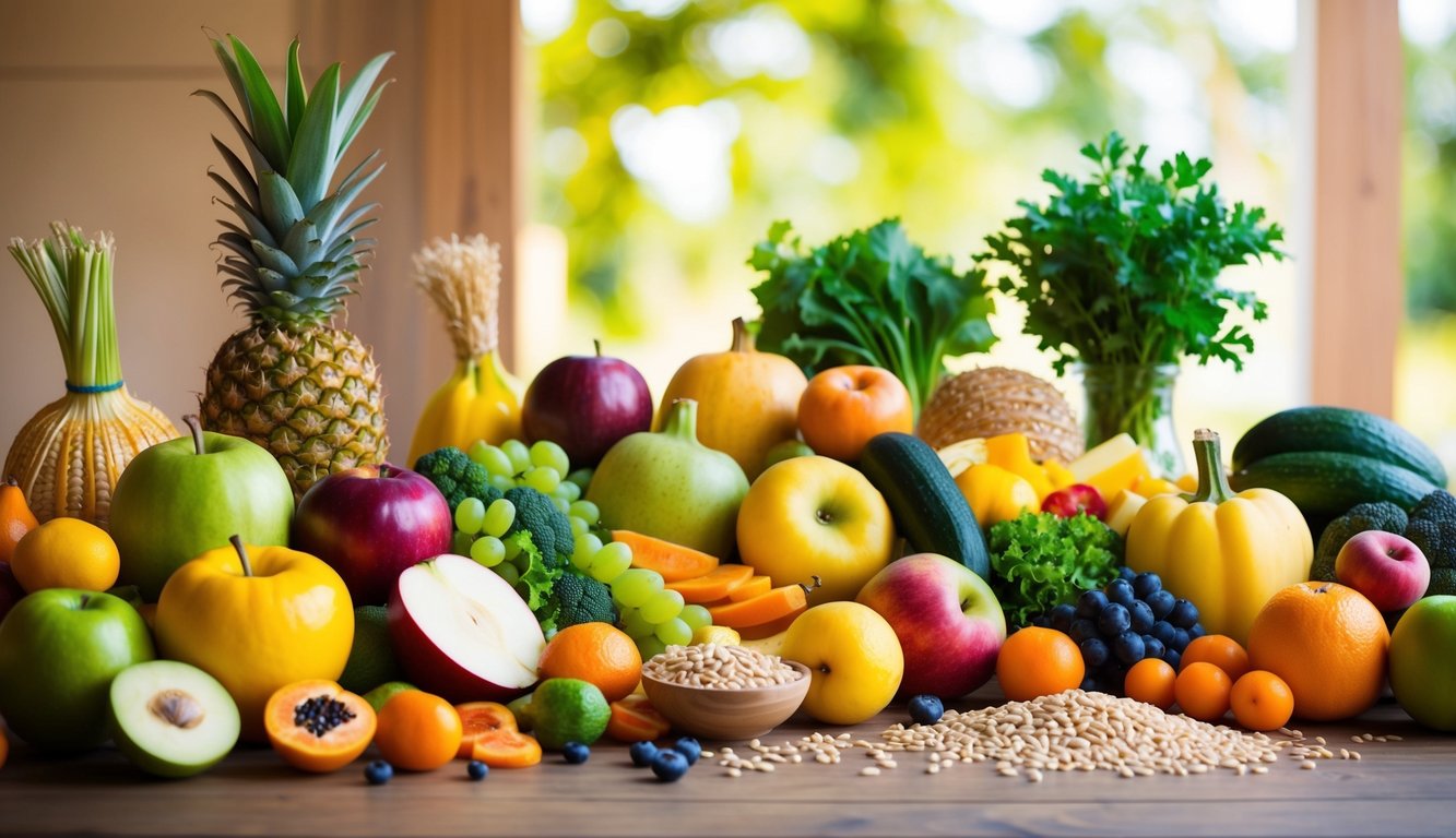 A colorful array of fruits, vegetables, and whole grains arranged on a table, with a serene and inviting atmosphere