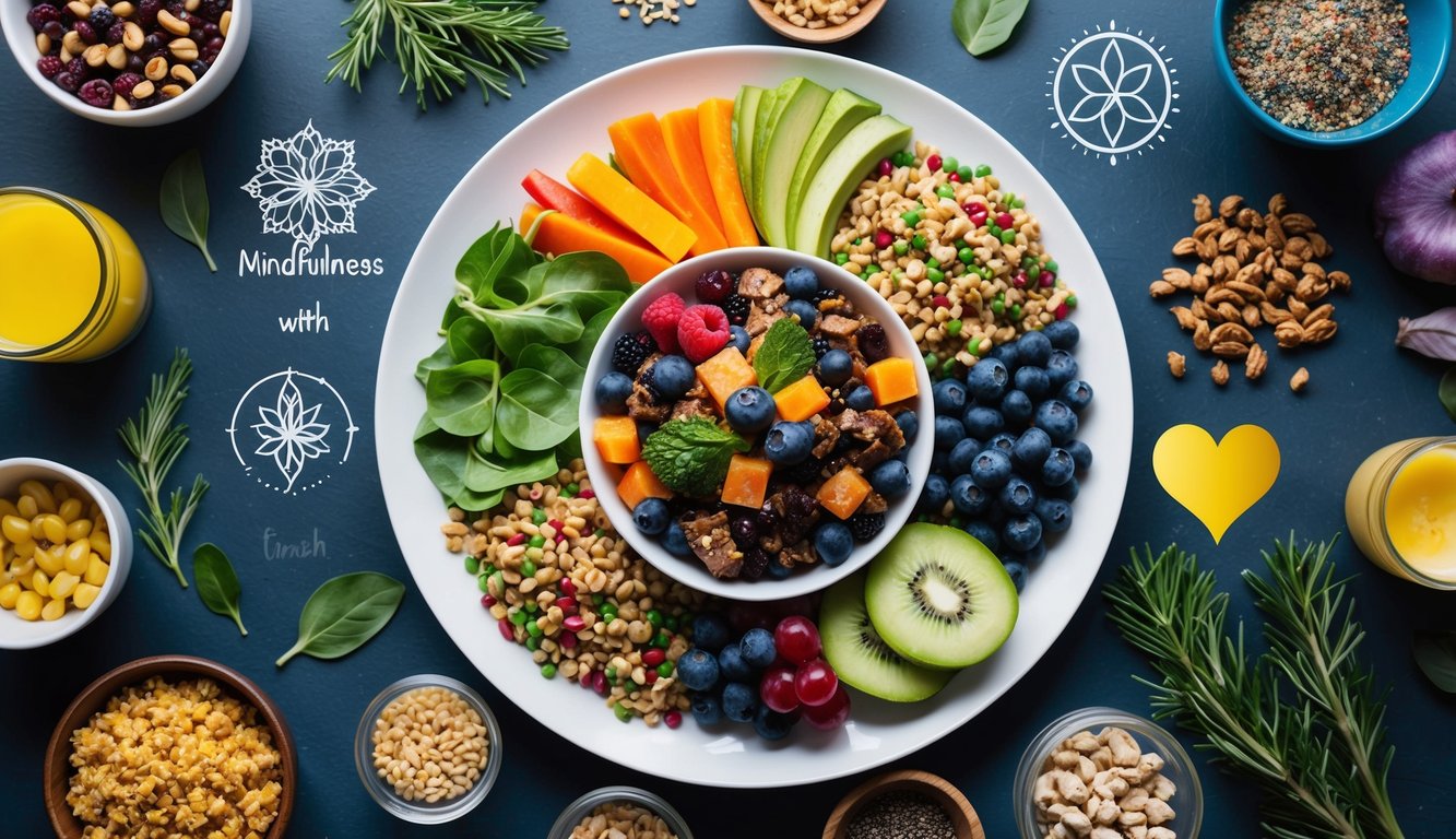 A colorful plate of diverse, nutritious foods surrounded by calming elements such as nature, mindfulness symbols, and positive affirmations