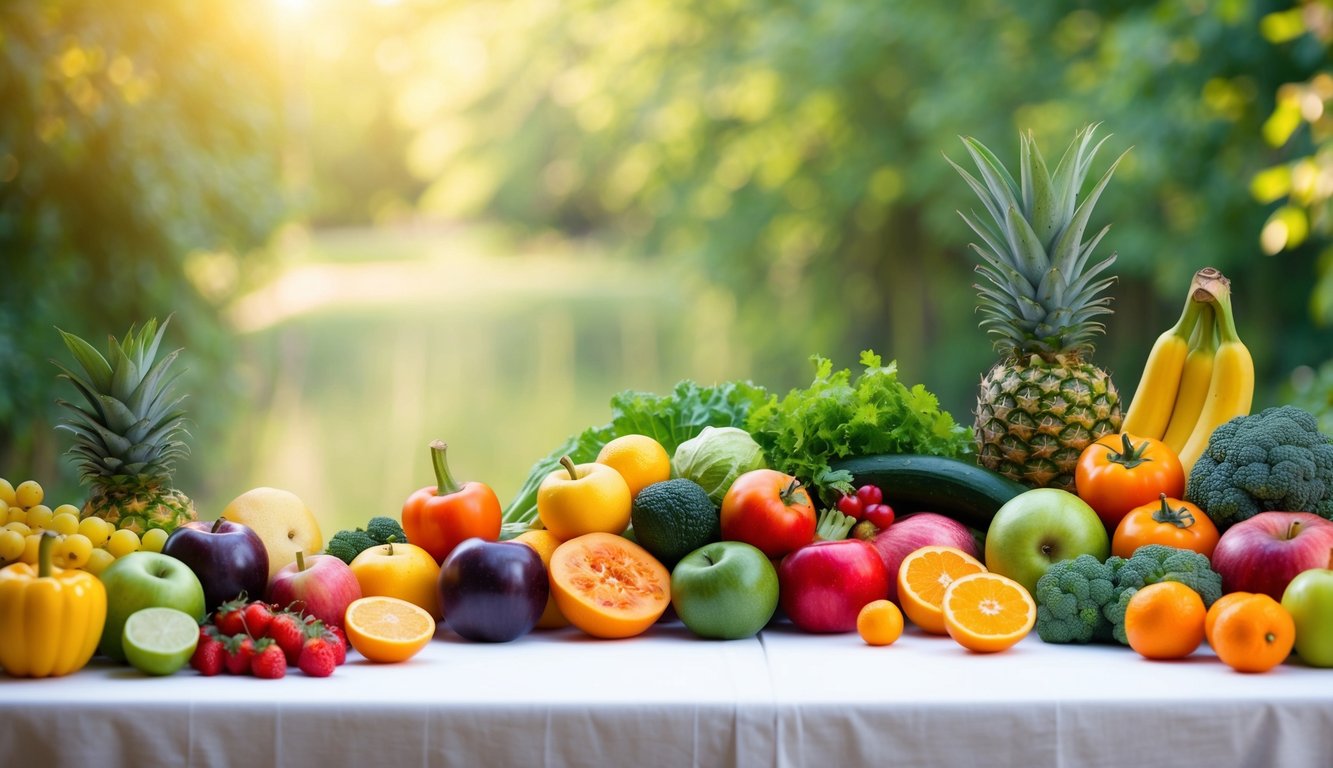 A serene setting with a variety of colorful, fresh fruits and vegetables arranged on a table, surrounded by a calm and peaceful atmosphere