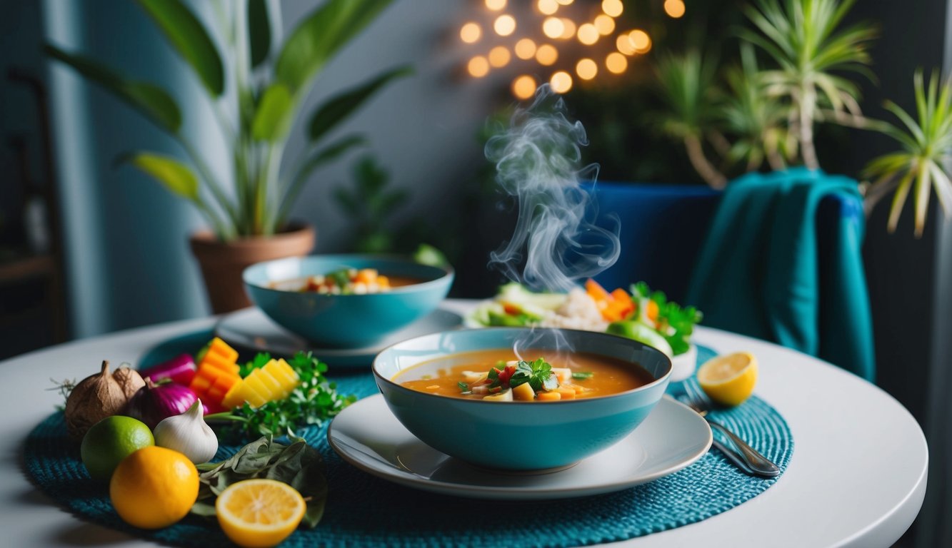 A serene dining table with colorful, fresh ingredients and a steaming bowl of soup, surrounded by calming natural elements like plants and soft lighting