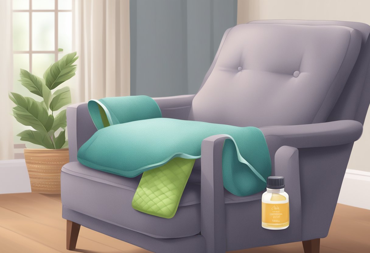 A warm compress resting on a cushioned chair, surrounded by soothing essential oils and a gentle, supportive brace