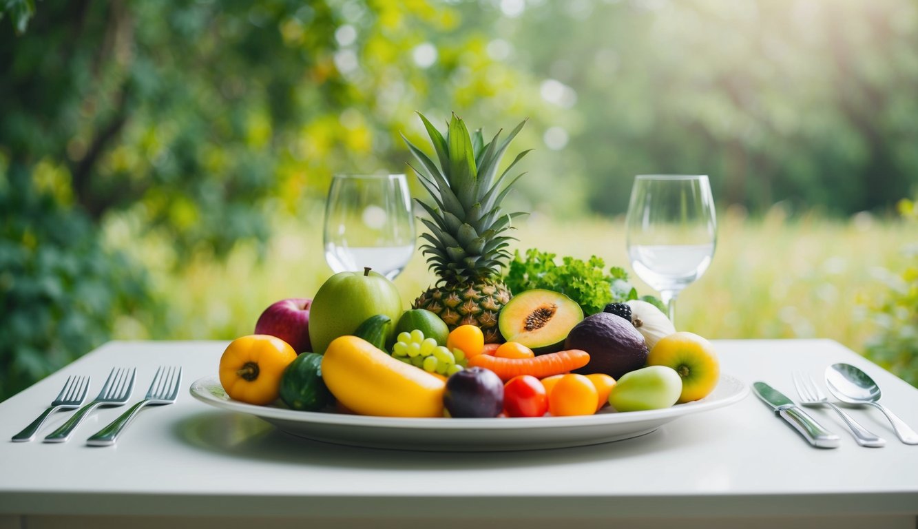 A serene dining table with colorful, fresh fruits and vegetables, surrounded by calm, natural surroundings