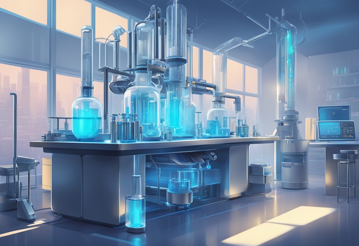 A laboratory setting with test tubes, scientific equipment, and a futuristic-looking machine emitting a soothing blue light