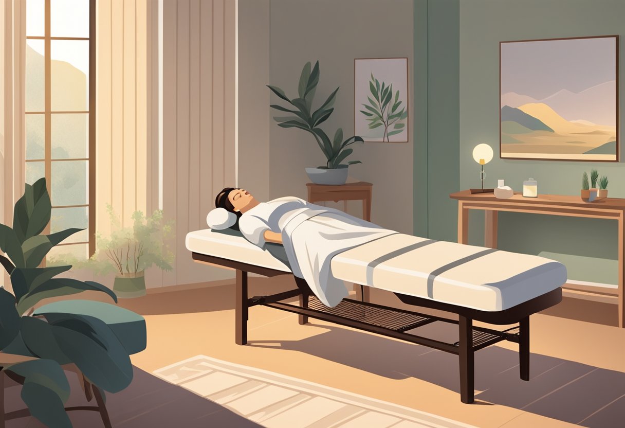 A serene setting with a person reclining on a massage table while a skilled acupuncturist carefully places needles on their body. Gentle lighting and soothing music create a peaceful atmosphere