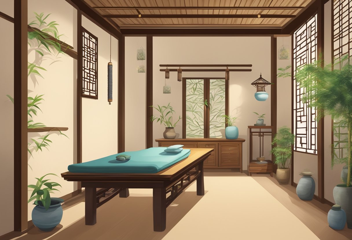 A serene, ancient Chinese acupuncture clinic with traditional decor and natural elements, such as bamboo and stone, creating a calming and peaceful atmosphere