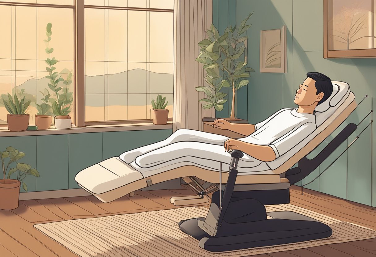 A serene room with a reclining chair, soft lighting, and a tranquil atmosphere. A licensed acupuncturist gently inserts tiny needles into a model of a human body, demonstrating the benefits of acupuncture for pain relief